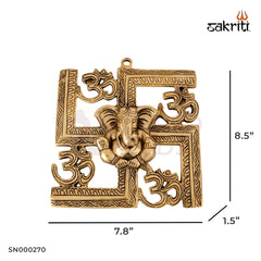 Brass Om-Swastik Ganesha Mounted – 8.5 Inch | Spiritual Wall Decor with Ganesha, Om & Swastik Symbols