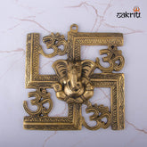 Brass Om-Swastik Ganesha Mounted – 8.5 Inch | Spiritual Wall Decor with Ganesha, Om & Swastik Symbols