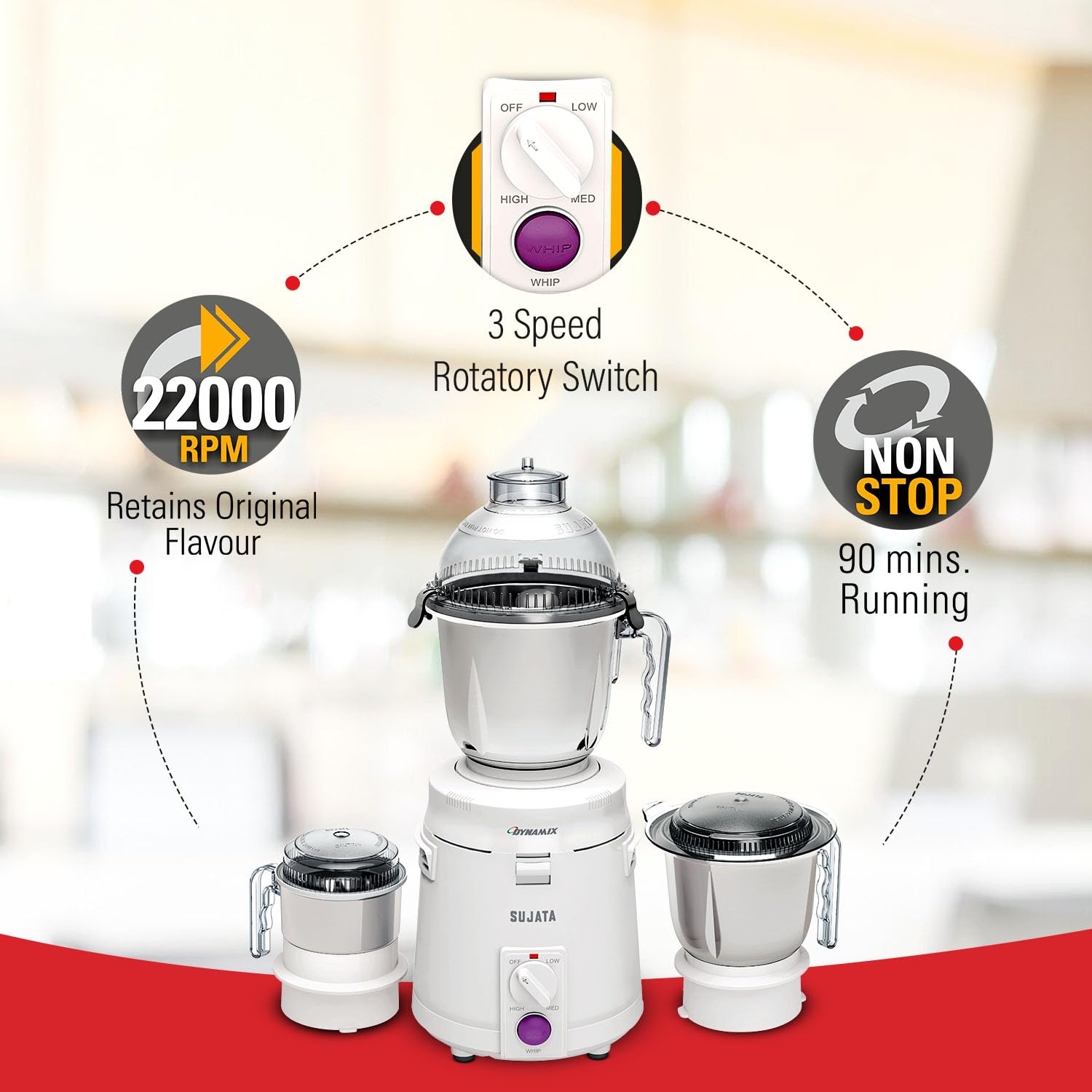Sujata Mixer Grinder Dynamix - 900 Watt 3 Jars