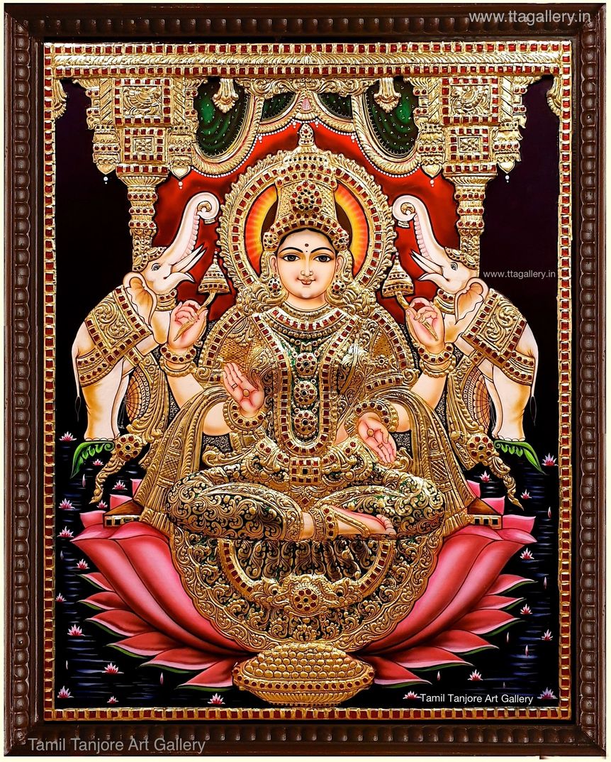 Gaja Lakshmi Antique Finish Semi Embossed Tanjore Painting