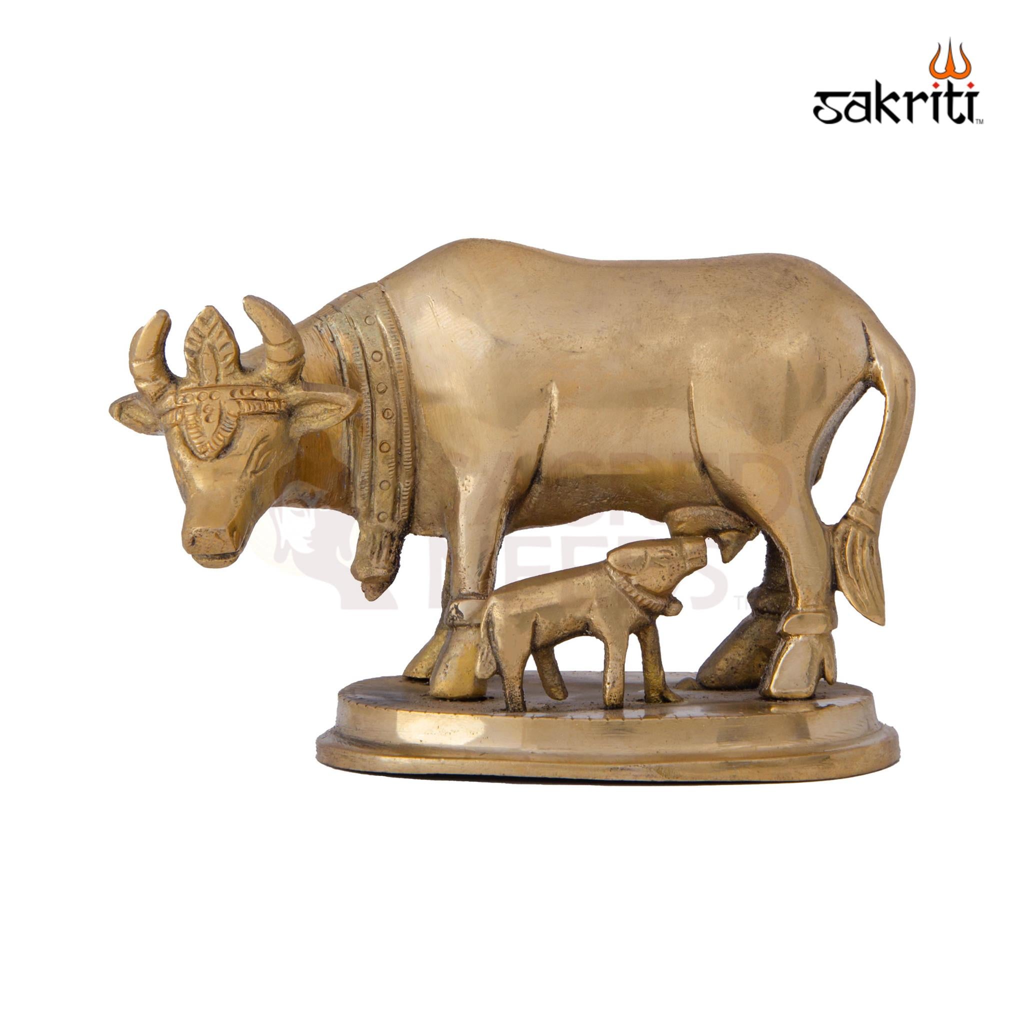 Brass Cow & Calf Statue – 3.5 Inch Height | Kamadhenu Idol for Vastu, Pooja Room & Decor