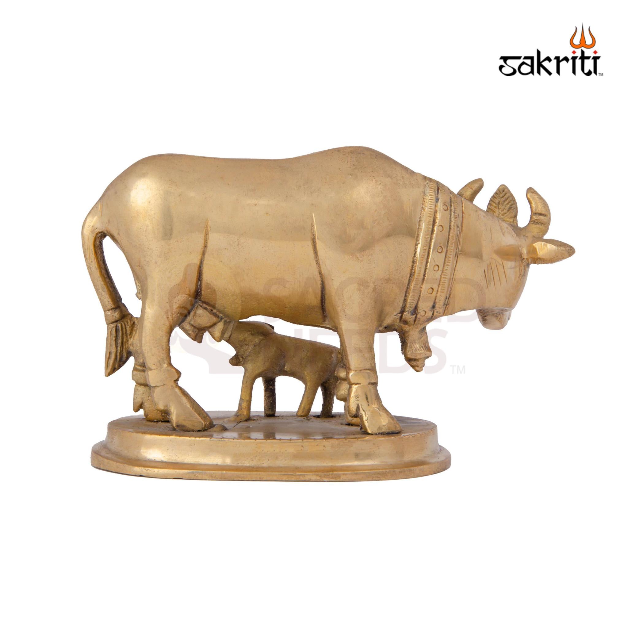 Brass Cow & Calf Statue – 3.5 Inch Height | Kamadhenu Idol for Vastu, Pooja Room & Decor
