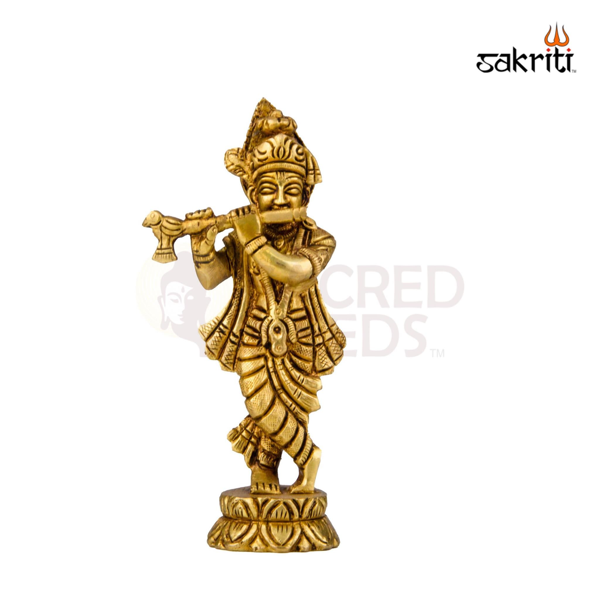 Brass Flute Krishna Idol – 5.6 Inch Height | Shree Krishna Statue for Pooja, Janmashtami & Decor