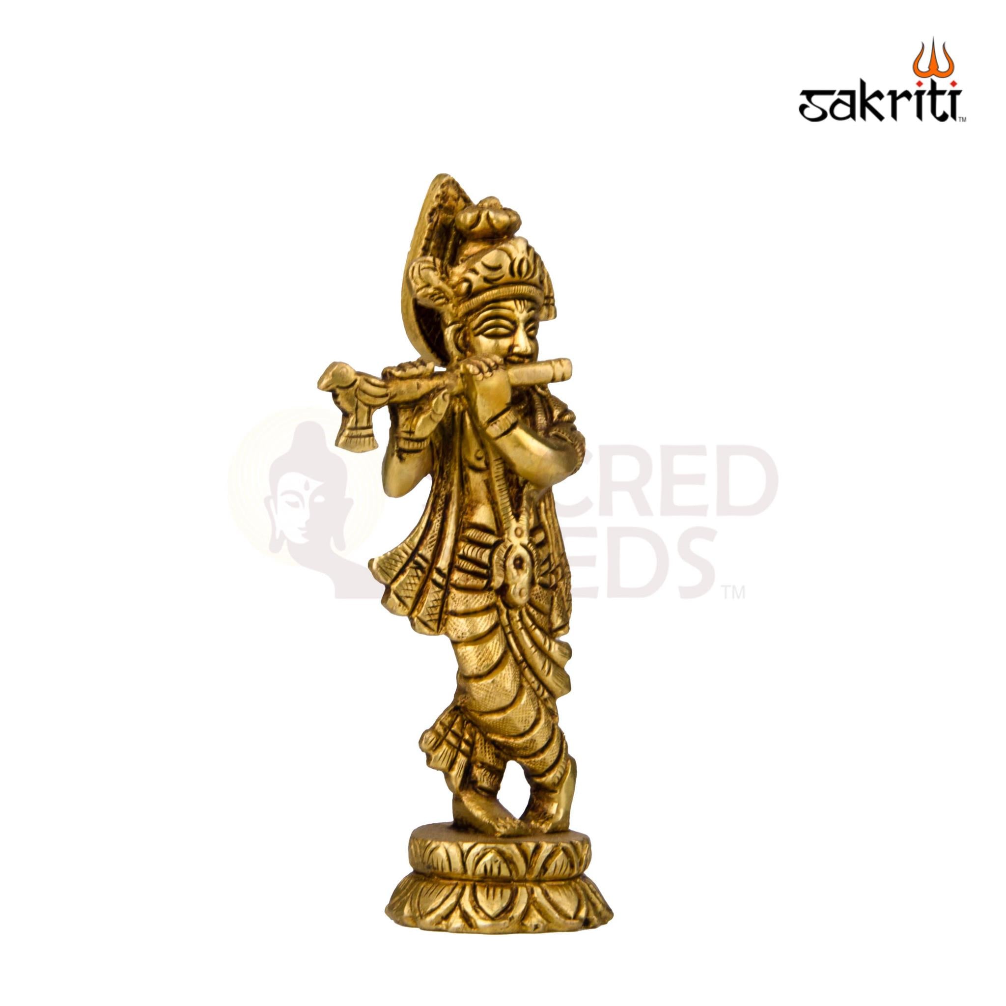 Brass Flute Krishna Idol – 5.6 Inch Height | Shree Krishna Statue for Pooja, Janmashtami & Decor