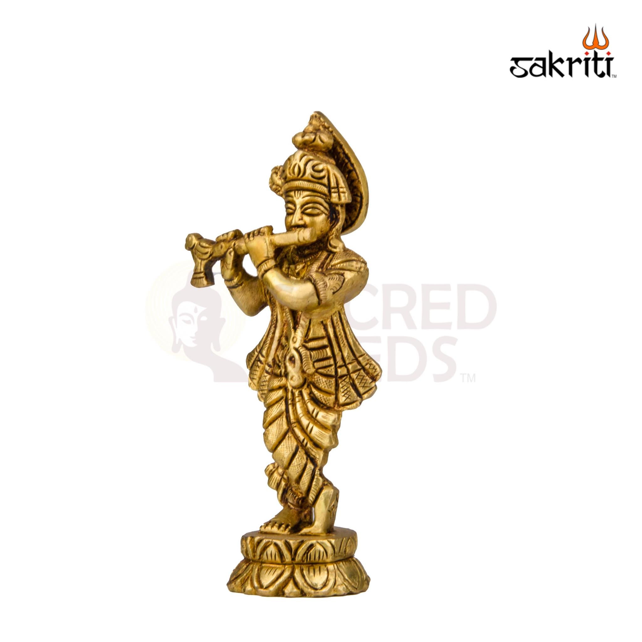 Brass Flute Krishna Idol – 5.6 Inch Height | Shree Krishna Statue for Pooja, Janmashtami & Decor