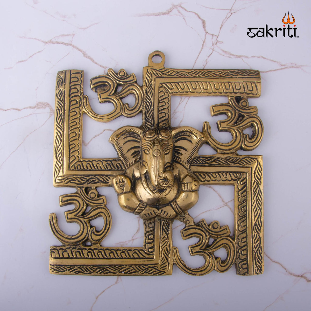 Brass Om-Swastik Ganesha Mounted – 8.5 Inch | Spiritual Wall Decor with Ganesha, Om & Swastik Symbols