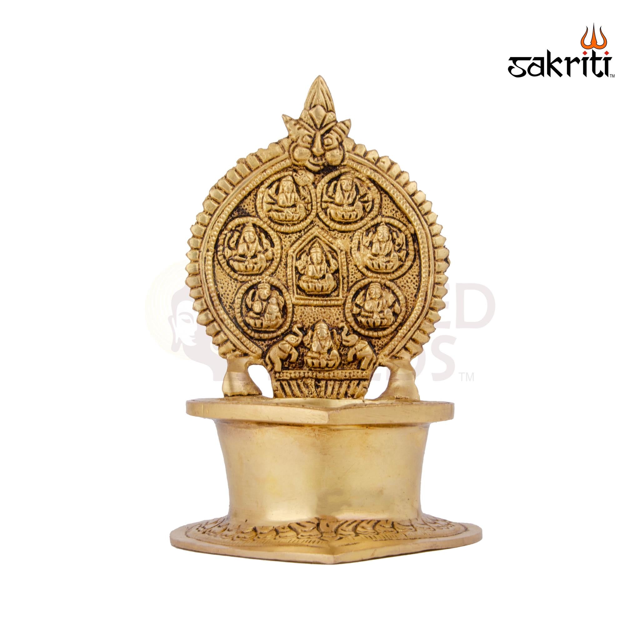 Brass Ashtalakshmi Vilakku – 6.8 Inch | Traditional Brass Oil Lamp Featuring 8 Forms of Lakshmi for Temple Use