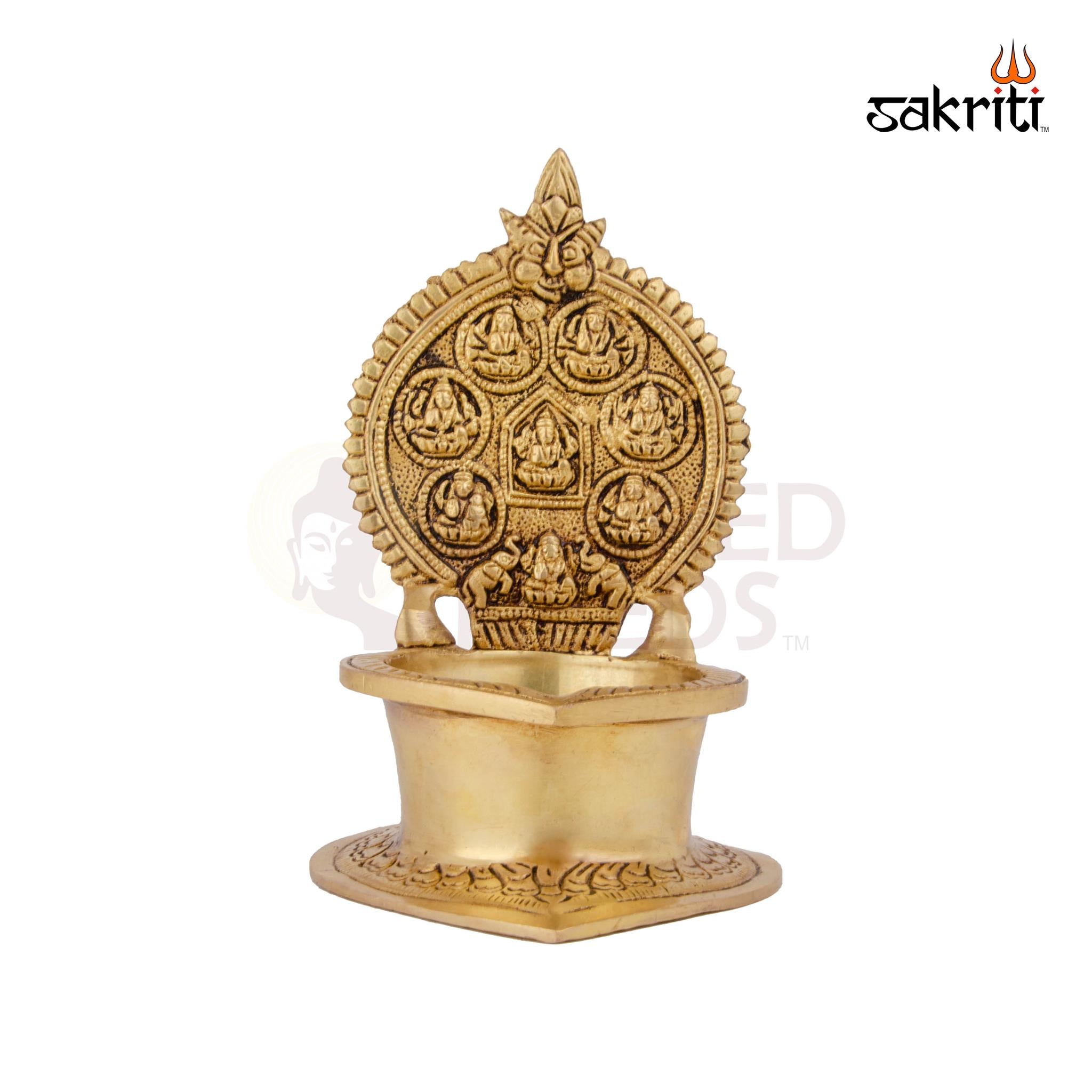 Brass Ashtalakshmi Vilakku – 6.8 Inch | Traditional Brass Oil Lamp Featuring 8 Forms of Lakshmi for Temple Use