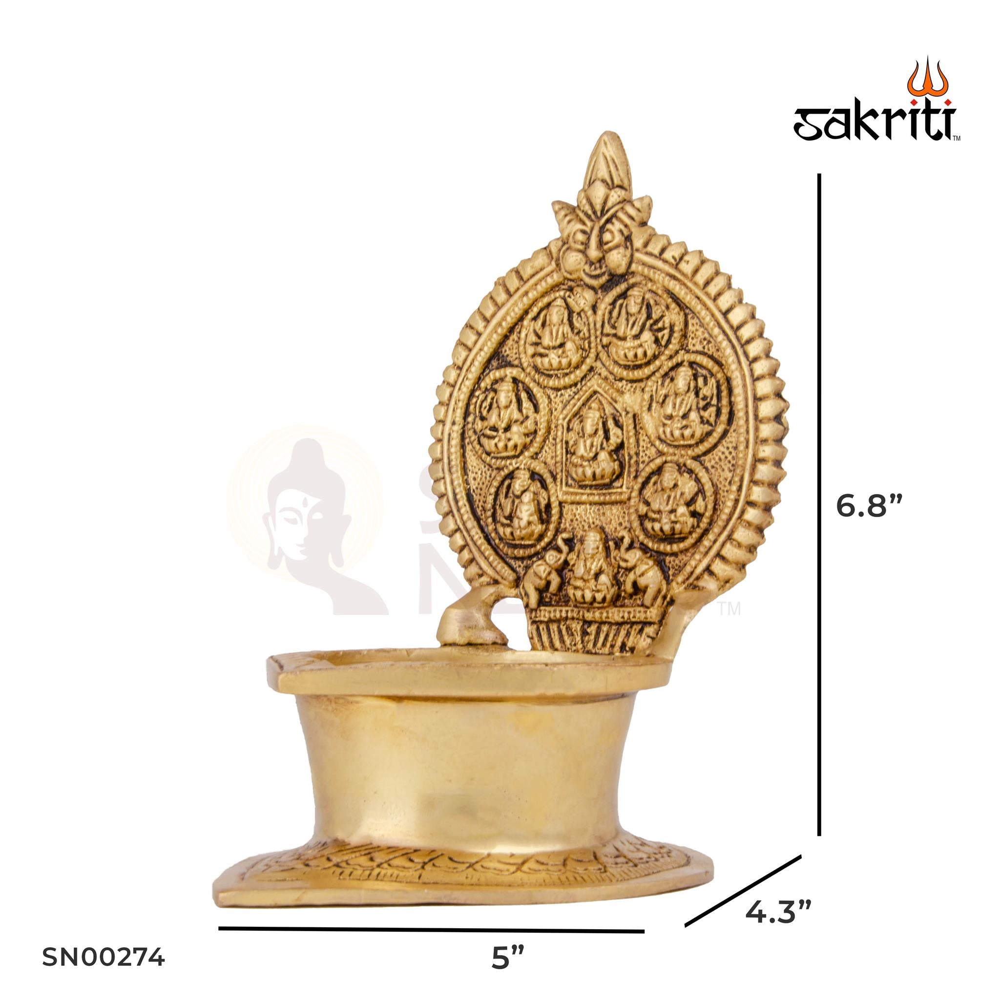 Brass Ashtalakshmi Vilakku – 6.8 Inch | Traditional Brass Oil Lamp Featuring 8 Forms of Lakshmi for Temple Use