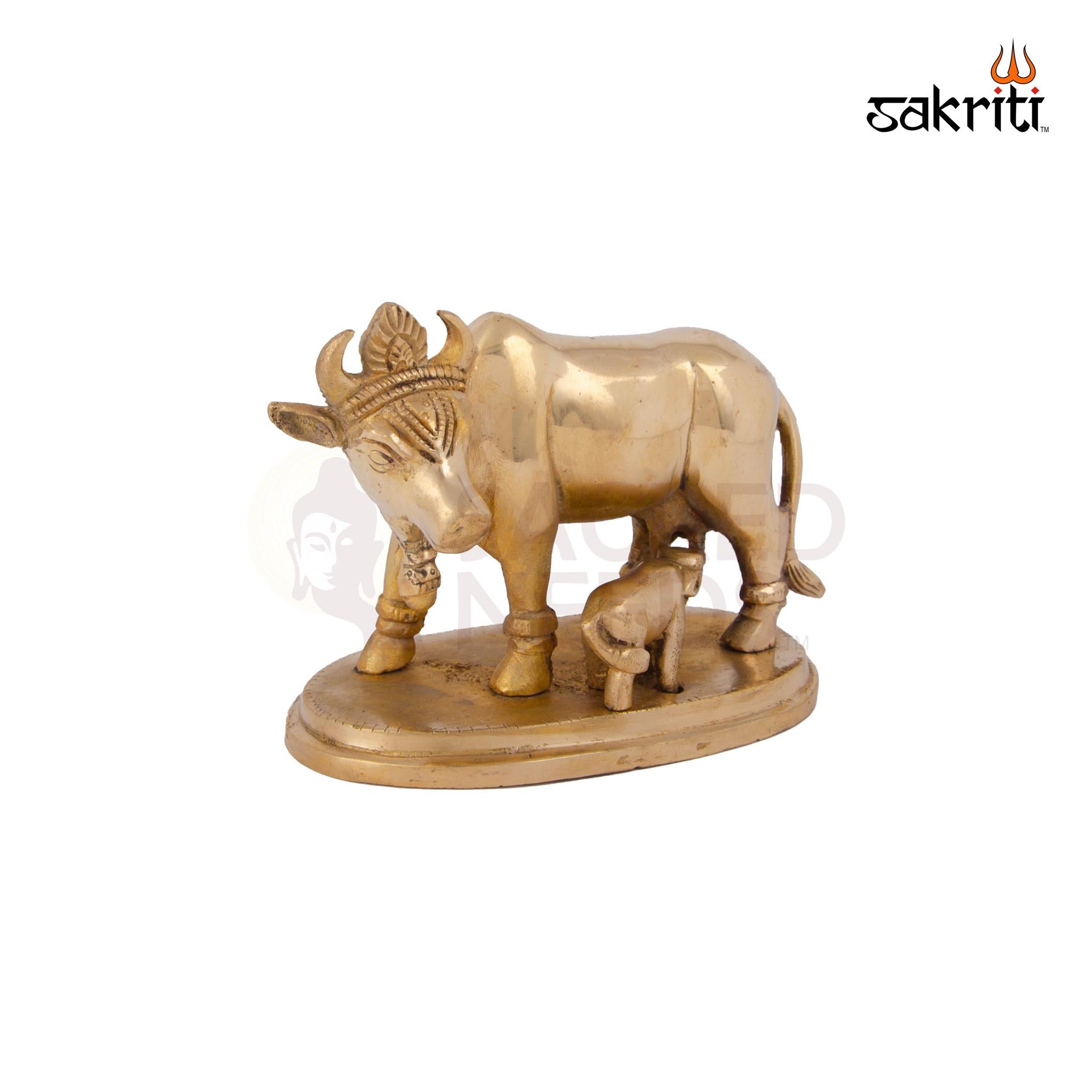 Brass Cow & Calf – 4.3 Inch Height | Traditional Brass Sculpture of Cow and Calf for Pooja & Decoration